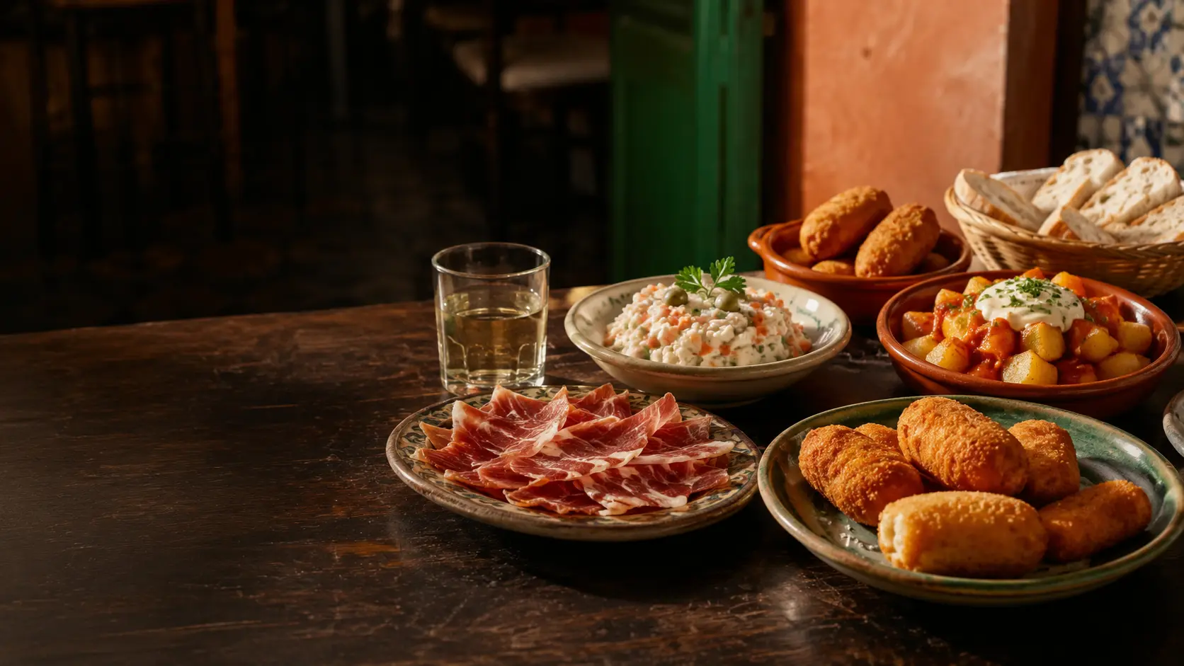 Mesa repleta de tapas en el Bar La Candela