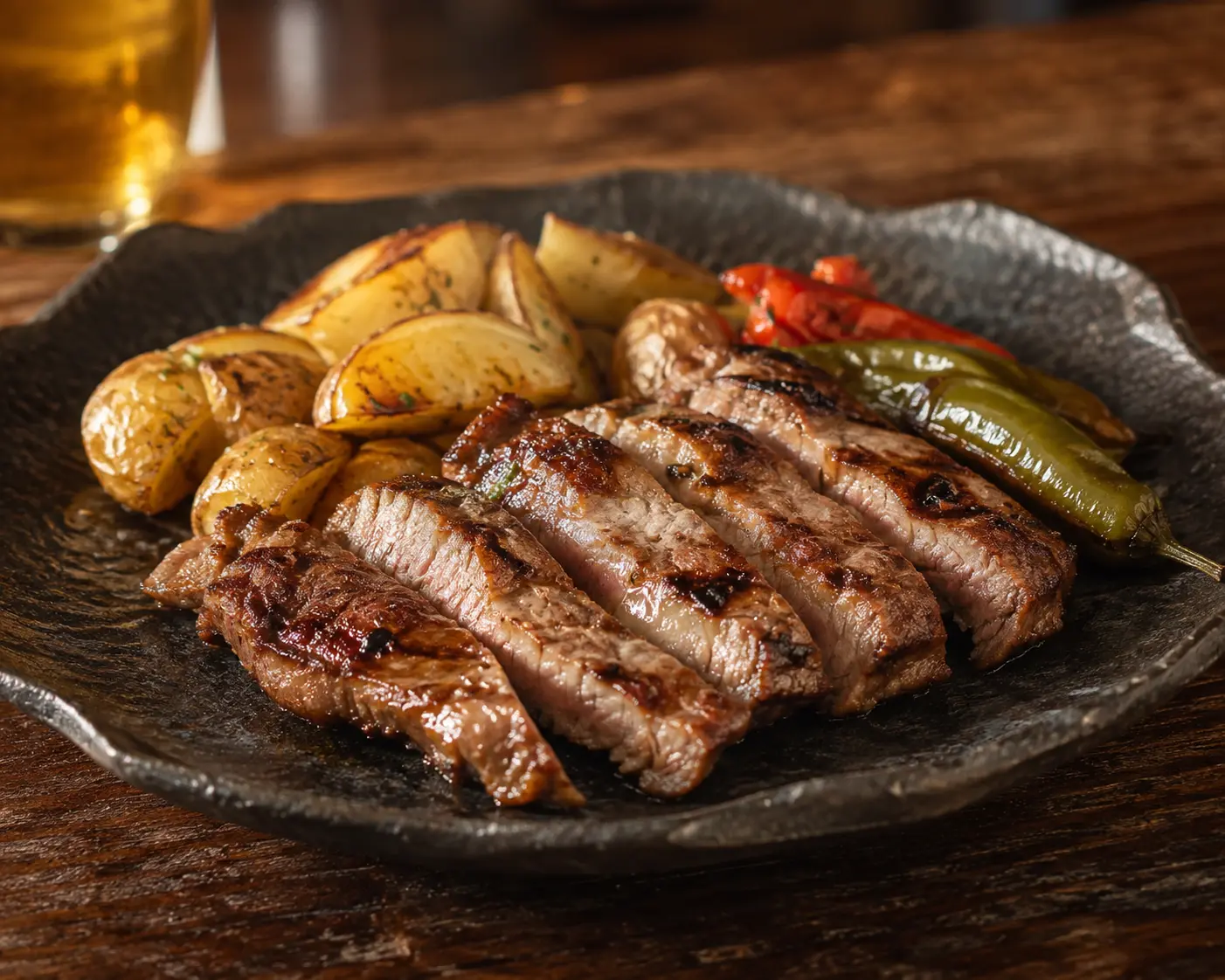 Secreto ibérico a la brasa con patatas y pimientos